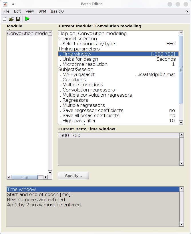 Setting the channels and timing parameters of the convolution model