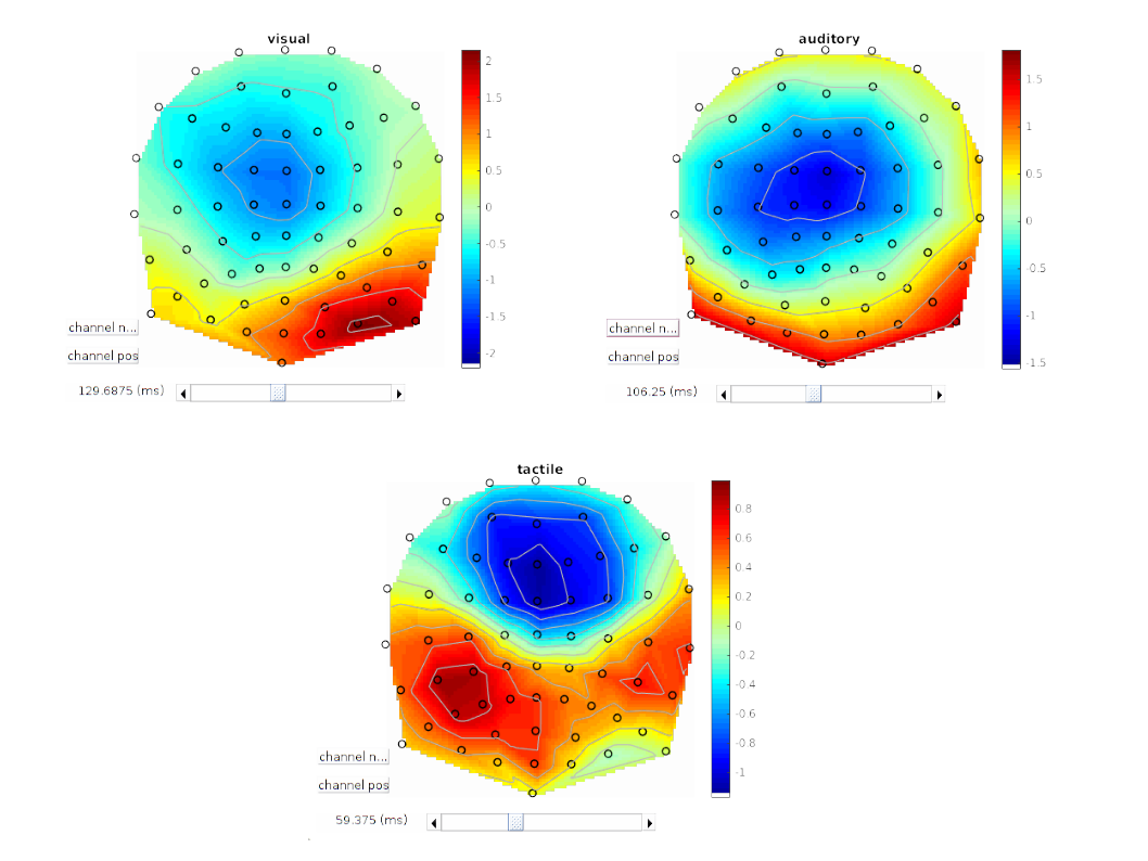 Scalp maps of deconvolved responses to the different stimuli at particular time of interest