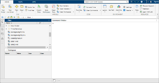 MATLAB desktop in its default layout. At the top is a toolstrip with tabs labeled Home, Plots, and Apps. The Files panel and the Workspace panel are open on the left side of the desktop. The Command Window is open above the bottom sidebar.